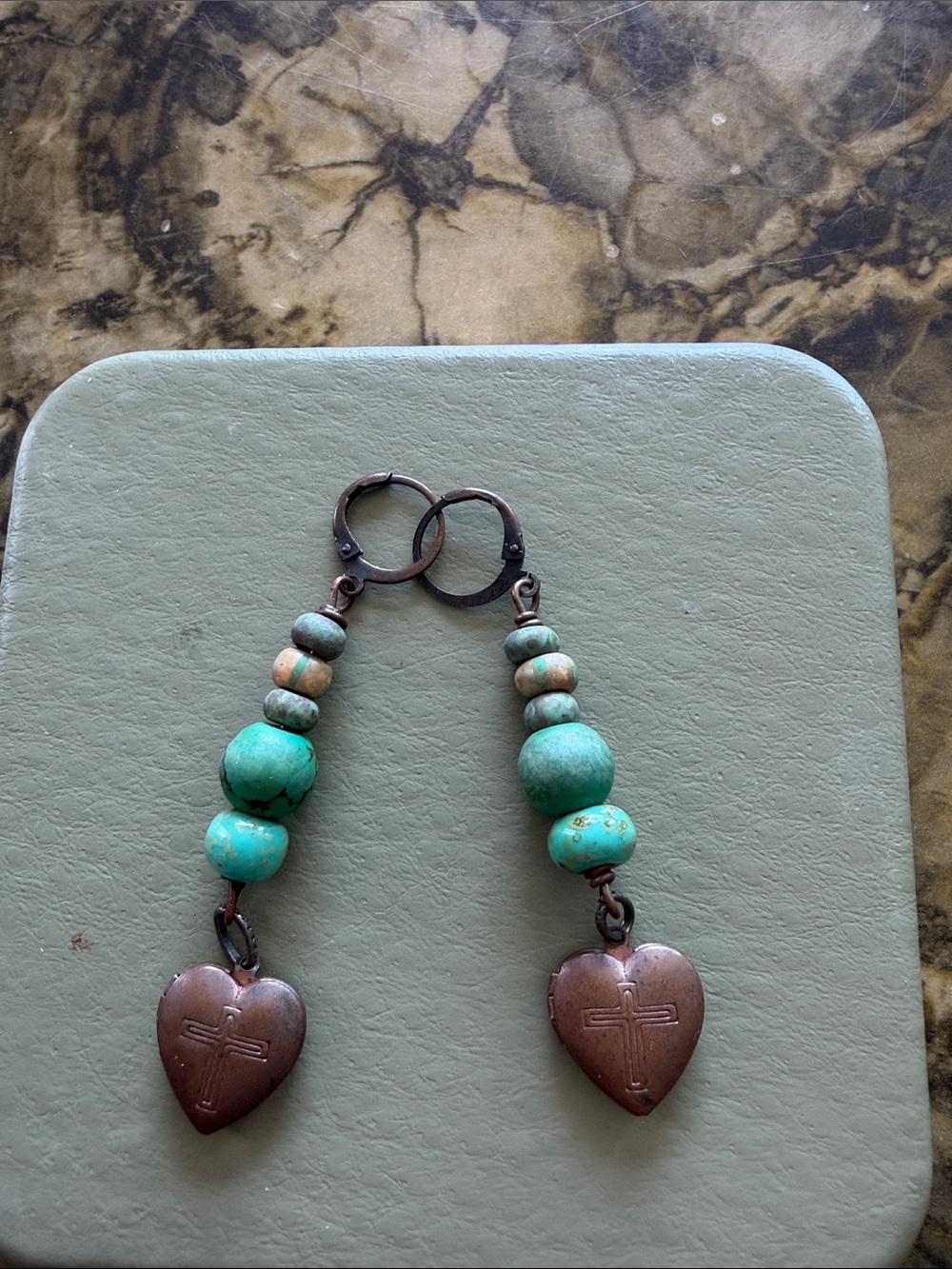 Turquoise Beads  Drop Earrings with Copper Heart Charms